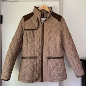Tan Puffer Coat with Diamond Quilting and Stand-Up Collar